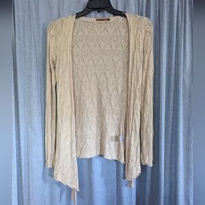 Belldini Cardigan Womens M Open Front Eyelet Knit Tan Sparkles Boho Festival